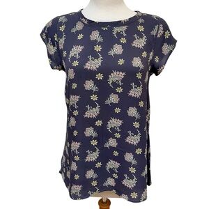 LOFT Dark Floral Short Sleeve Blouse Charcoal Gray Top Women's Size Small
